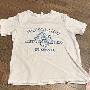 SHEIN White Tee with Blue Honolulu Print